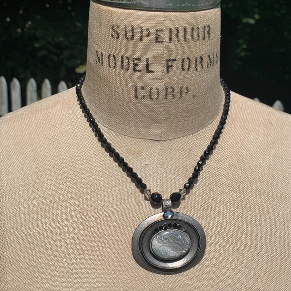 Burnished Pendant on Black Jet Beads Necklace - Picture 3 of 5